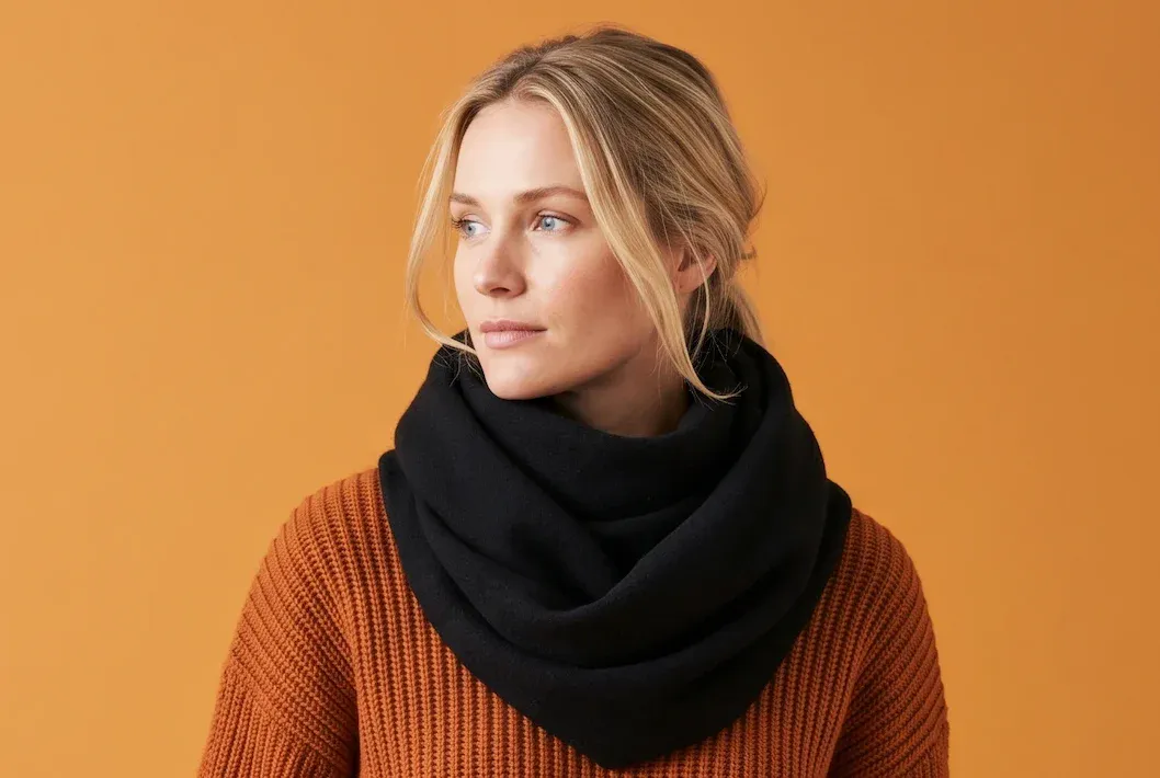 Female model wearing a colourful knit sweater in a colourful background
